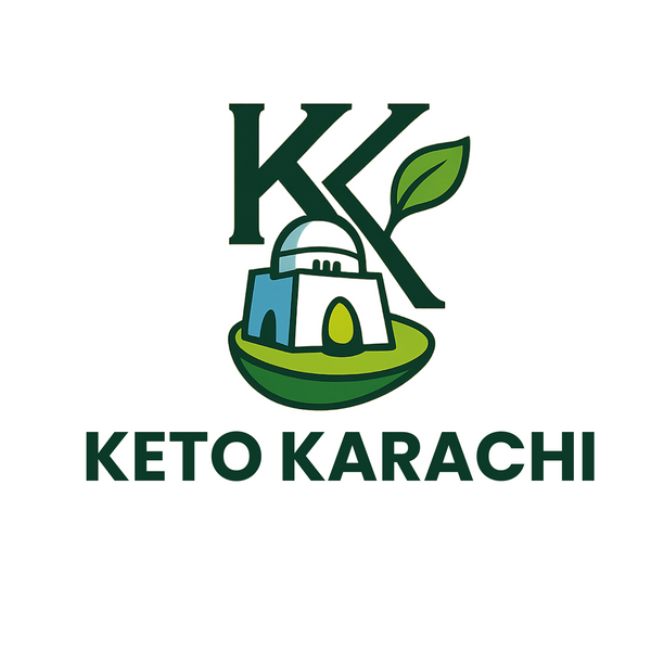 Logo of Keto Karachi with 'KK' initials, a building, and leaves on a white background